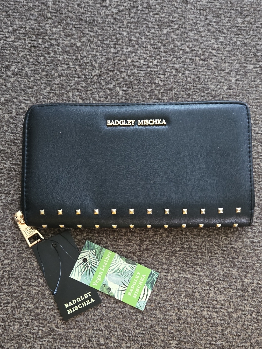 Badgley Mischka Black Zip Around Wallet with Gold Studs